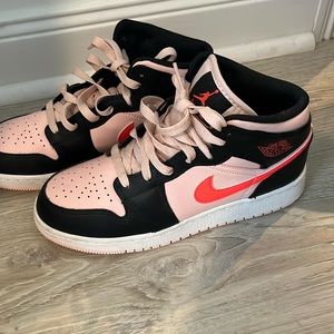 Jordan Kids Black Pink Sneakers with Bright Orange Swoosh